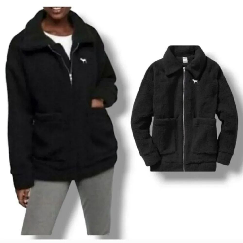 Victoria's Secret Pink Sherpa Boyfriend Jacket Oversized in Black Size XS